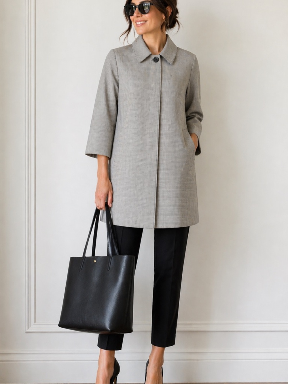 Donatella Micro Check Coat Jacket Black‎ White Minimalist Chic Large Rain